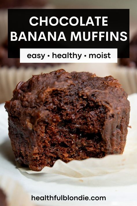 This delicious banana chocolate muffin recipe with chocolate chips might taste like a dessert, but is actually healthy! The muffins are made with wholesome ingredients, without butter, and are naturally sweetened. An easy, low-sugar, freezer-friendly banana muffin recipe for chocolate lovers. Perfect for snacks or breakfast! Sugarless Banana Muffins, Low Calorie Chocolate Muffins, Low Cal Banana Muffins, Healthy Chocolate Banana Muffins, Chocolate Banana Recipes, Low Sugar Banana Muffins, Low Calorie Banana Muffins, Low Fat Banana Muffins, Healthy Banana Muffins Recipe