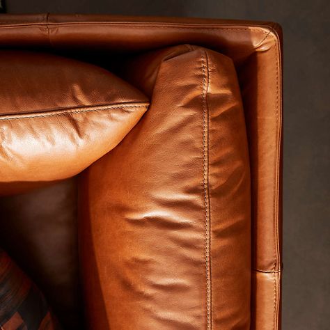 Wells Leather Apartment Sofa + Reviews | Crate and Barrel Cb2 Leather Sofa, Rust Leather Sofa, Leather Sofa Decor, Leather Club Chairs, Apartment Sofa, Slim Frame, Leather Couch, Sofa Styling, Cleaning Upholstery