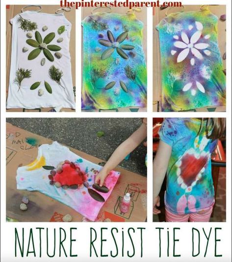 Nature Resist Tie Dye Shirts – Lesson Plans Fun Preschool Crafts, Summer Art Activities, Summer Camp Crafts, Tie Dye Shirts, Kids' Crafts, Nature Kids, Camping Art, Camping Crafts, Nature Crafts