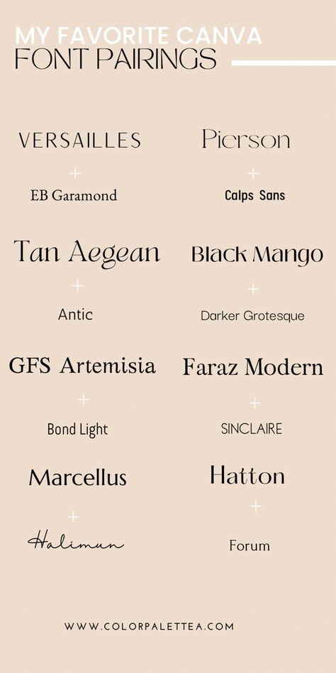 8 Font Pairing Canva Inpiration for your Brand design, website design, etc Canva Fonts Combinations Boho, Chic Font Pairings, Hatton Font Pairing, Branding Design Canva, Versailles Font Pairing, Canva Fonts Aesthetic Combination, Tan Mon Cheri Font Pairing, Canva Font Pairing Wedding, Font Pairs Canva