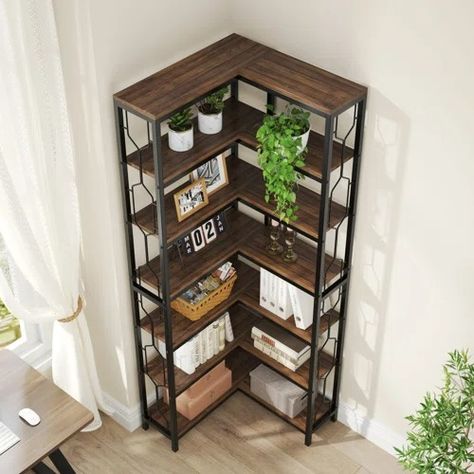 Wayfair | Corner Bookcases You'll Love in 2024 Tall Corner Shelf, Bookshelf Wood, Corner Shelving, Bedroom Moodboard, Corner Shelving Unit, Corner Bookshelf, Hexagonal Design, Corner Bookshelves, Corner Space