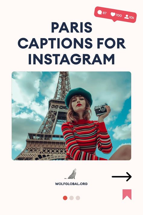 A stylish woman with a camera posing in front of the Eiffel Tower.
Infographic list with whimsical statements celebrating Parisian culture and attractions, with emojis.
Promotional image featuring a happy woman using a laptop, advertising Instagram engagement services at WOLFGLOBAL.ORG. Snippets Caption, Paris Instagram Captions, Paris Quotes, Short Instagram Captions, I Love Paris, Captions For Instagram, Perfect Word, Emily In Paris, Paris Photos