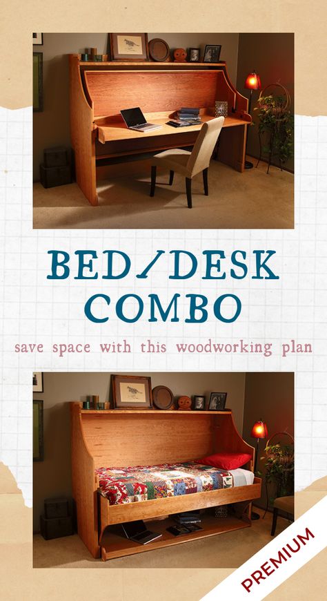 Need to save room and be challenged in a woodworking project? This bed/desk combo is the plan for you. Click here to subscribe to Woodworker's Journal and view this premium plan. #PremiumPlan #WoodworkersJournal #Woodworking #Bed #Desk #Project #Plan Wood Bed Frame With Built In Side Tables, Bed Desk Combo, Rustic Wood Projects, Furniture Woodworking, Woodworking Tools For Sale, Hidden Bed, Next Furniture, Project Plan, Woodworking Bench Plans