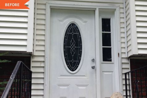 Modern Gray Front Door Makeover - Before and After Photos | Apartment Therapy Front Door With Oval Glass Window, Front Door Glass Insert Makeover, Diy Front Door Makeover, Front Door Transformation, Curb Appeal Inspiration, Door Redo, Painted Stone Fireplace, Front Door Glass Insert, Door Stand