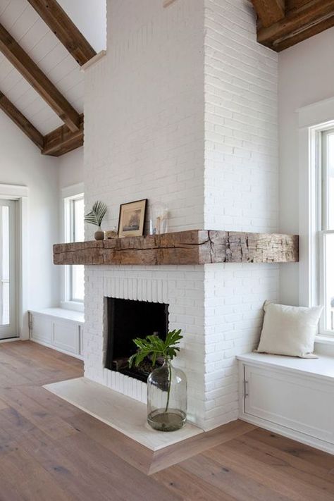 Windows Each Side Of Fireplace, Modern Painted Brick Fireplace, Non Stone Fireplace, Wrapped Fireplace Mantle, Large White Brick Fireplace, Hand Hewn Fireplace Mantle, Reclaimed Beam Mantle, White Brick Fireplace Wood Mantle, Painted Brick Fireplace With Wood Mantel