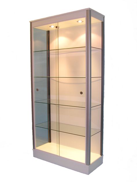 Large glass display cabinet in white with LED lights in top rail. Glass Display Cabinet Ideas, Glass Showcase Cabinet, Champagne Display, Glass Display Unit, Display Cupboard, Display Cabinet Lighting, Glass Cupboard, Trophy Display, Glass Display Cabinet