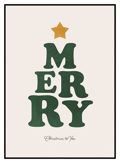 Typography poster that features the word "merry" in bold green, shaped like a Christmas tree against a soft beige background with a yellow star on top. This cute design is both minimalist and festive, making it the perfect addition to any home looking to infuse a touch of holiday spirit. Prepare your space for the joyful season ahead with this elegant print! Holiday Poster Design, Christmas Tree Poster, Christmas Poster Design, Merry Christmas Typography, Arrival Poster, Merry Christmas Poster, Deer Poster, Christmas Posters, Christmas Graphic Design