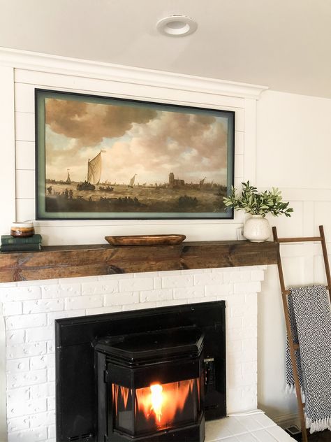 The Samsung Frame TV - Home on Mount Forest Samsung Picture Frame Tv Over Fireplace, Samsung Frame Over Fireplace, Framed Tv Over Mantle, Frame Tv Over Mantle, Frame Tv Above Mantle, Mantle Decor With Frame Tv, Framing Tv Above Fireplace, Picture Tv Above Fireplace, Frame Tv Mantle Decor