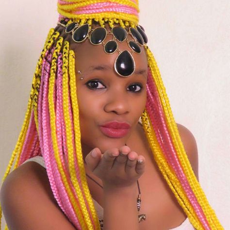 Yellow pink braids #Kkstyle Yellow Box Braids, 2023 Braided Hairstyles, Orange Peekaboo, Braids W Beads, Hairstyles French Braid, Pre Looped Crochet Hair, Hairstyles French, Pink Braids, Ombre Box Braids