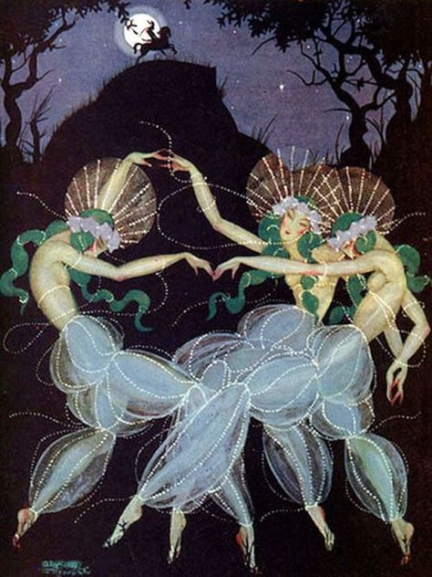 Aleksander Rzewuski (Polish, 1893-1983), Moon Madness, Tatler Magazine, April 1922. Plant Spirits, Moon Madness, Ladies Dancing, Erte Art, Dancing In The Moonlight, Alphonse Mucha, Arte Inspo, Art Et Illustration, Art And Illustration