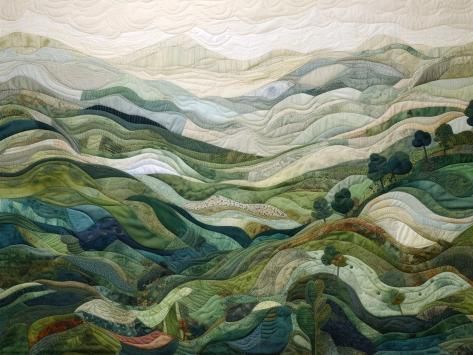 size: 12x9in Art Print: Quilted Landscape 10 by RileyB : Large Pattern Quilt Blocks, Winter Landscape Quilt, Botanical Quilt Patterns, Nature Inspired Quilts, Landscape Quilt Patterns, Nature Quilt Patterns, Forest Quilt Pattern, Landscape Quilts Ideas, Hobbit Quilt