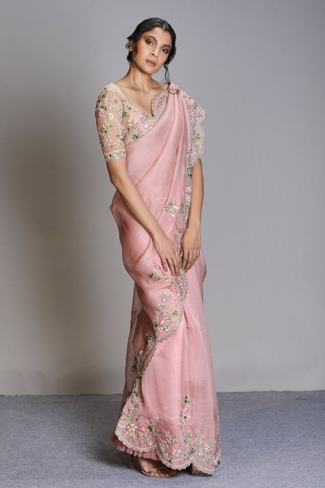 Buy Organza Saree with Embroidered Blouse by Anushree Reddy at Aza Fashions Organza Saree Blouse Designs, Pink Organza Saree, Anushree Reddy, Fancy Sarees Party Wear, Organza Blouse, Saree Designs Party Wear, Organza Sarees, Saree Blouse Designs Latest, Saree Trends