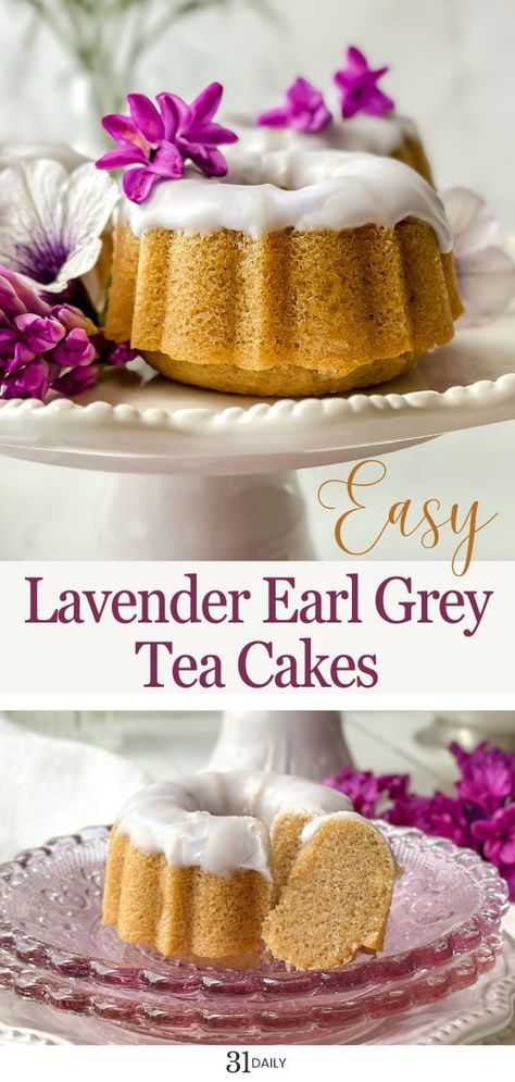 These delightful Lavender Earl Grey Tea Cakes combine floral and citrus notes in a soft, tender mini bundt cake dessert. They're perfect for afternoon tea, a garden party, or a sweet finish to any meal. Vintage Tea Party Food, Afternoon Tea Decorations, Lavender Earl Grey, Tea Party Cookies, Tea Party Desserts, Afternoon Tea Cakes, Tea Party Cake, Afternoon Tea Recipes, Tea Bread