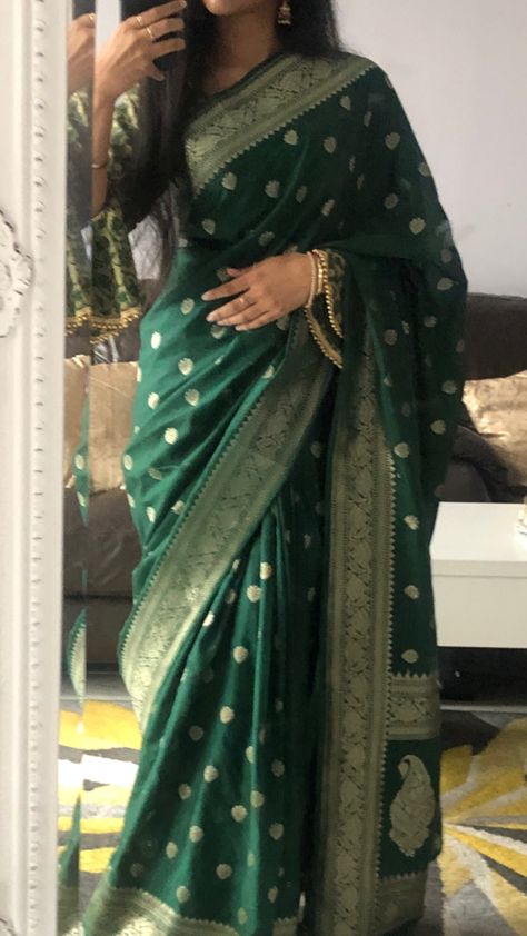 A Woman, Saree, Green, Gold, White