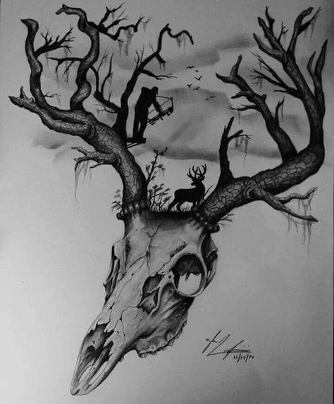 Pretty cool. Skull Tree Tattoo, Deer Hunting Tattoos, Tattoo Crane, Inner Wrist Tattoos, Outdoor Tattoo, Deer Skull Tattoos, Deer Tattoo Designs, Hunting Tattoos, Cool Shoulder Tattoos