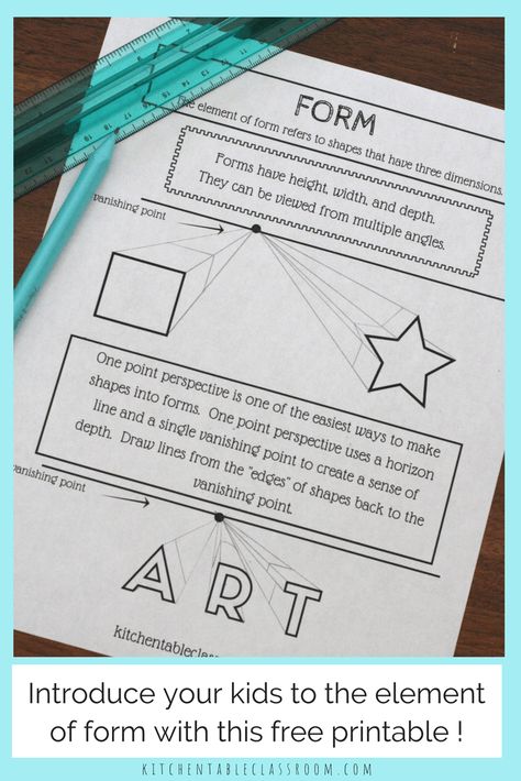 The element of form is what take a flat shape & makes it a 3-D form. Use this simple printable series to help teach form & all the elements of art! Op Art Lessons, The Elements Of Art, Middle School Art Projects, Elements And Principles, Art Basics, Art Worksheets, Art Appliqué, Form Art, Kids Art Class