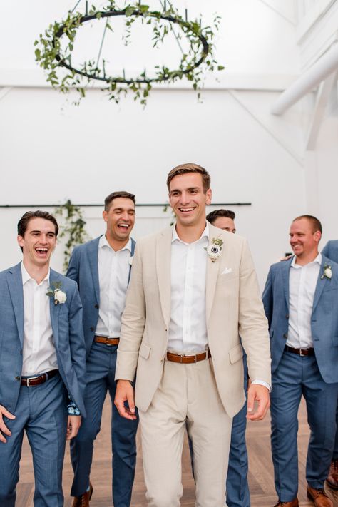 Groomsmen Attire April Wedding, Calvin Klein Blue Suit Wedding, Minimalist Wedding Groom Suit, Men’s Wedding Suits Neutral, Mens Wedding Colors, Groom And Groomsman Suit, Groomsmen Attire September Wedding, Groom And Groomsmen Attire Dusty Blue, Navy Blue Groom And Beige Groomsmen