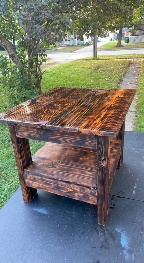 Hand made burnt wood end tables can make to order any size. Torched Wood Projects, Burnt Wood Table, Burnt Wood Finish, Cedar Table, Rustic Wood Projects, Torch Wood, Diy Furniture Building, Rustic Log Furniture, Rustic End Tables