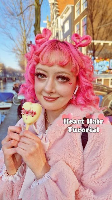 Lovecore Hairstyles, Cupid Hairstyle, Pride Day Outfits, Heart Shaped Hairstyles, Cupid Fashion, Cupid Oc, Lovecore Outfits, Low Bun Hair, Heart Hairstyle