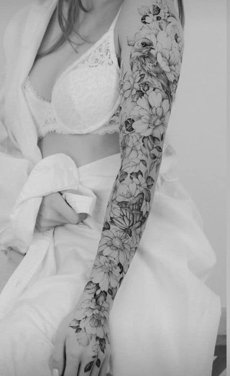 Tattoo Ideas For Females, Arm Sleeve Tattoos For Women, Feminine Tattoo Sleeves, Full Arm Tattoos, Tattoos For Women Half Sleeve, Cloud Tattoo, Floral Tattoo Sleeve, Forearm Tattoo Women, Flower Tattoo Sleeve