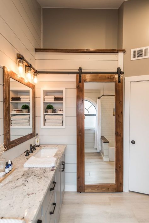 VANITY – SHERWIN WILLIAMS PAVESTONE Rustic Bathrooms, Makeover Kamar Mandi, Farmhouse Bathroom Remodel, Farmhouse Bathroom Design, Farmhouse Bathroom Decor Ideas, Condo Decor, Farmhouse Bathroom Vanity, Bad Inspiration, Modern Farmhouse Bathroom