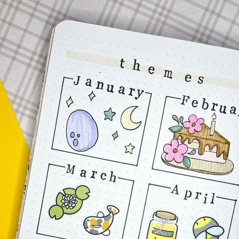 Tory | Creative Minds Coffee Grinds on Instagram: "BUJO THEMES FROM JAN-JUNE 2024 ✨ I love how this spread looks and I can’t wait to have an updated one in my new journal for all 12 months of the year 🥰 . ▶️ PLAN WITH ME || June 2024 Bullet Journal Setup 🔗 IN BI0 . 🏷️ Use my promo code CMCG15 for 15% off your order at hubmanchubgirl.store 🏷 Use my affiliate code CMCG10 for 10% off your order at archerandolive.com . #2024bulletjournal #junebulletjournal #junebujo #bulletjournal #bulletjournaling #bulletjournalsetup #bulletjournalideas #bulletjournalcommunity #bulletjournalspread #bulletjournalinspiration #bulletjournaljunkie #bulletjournaladdict #bulletjournalss #bujo #bujoinspiration #bujoideas #bujocommunity #bujodaily #bujoart #bujoaddict #bujolife #bujosetup" 2025 Bullet Journal, Yearly Bullet Journal Spreads, 2025 Bujo, 2024 Bullet Journal, Bujo Themes, 12 Months Of The Year, Bullet Journal Setup, Bullet Journal Set Up, Coffee Grinds