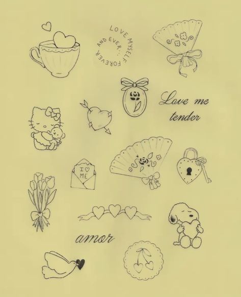 Fancy Nancy Tattoo, Cute Girly Tattoos Small Pretty, Feminine Tattoo Designs Drawings, Vintage Looking Tattoos, Dainty Girly Tattoos, Pink Palace Tattoo, Croquette Tattoo, Cute Patchwork Tattoo, Retro Tattoo Ideas