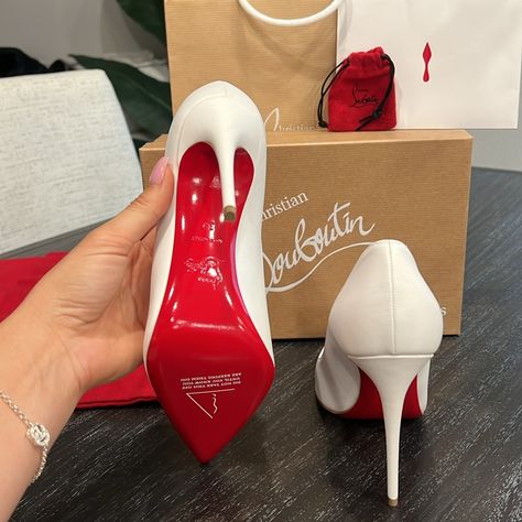 Christian Louboutin “Kate” New With Original Box, Dust Bag & Bag- Comes With Extra Heel Taps. Nappa Leather, 4inch (100 Mm) Heel. Made In Italy Size 39 (Us 8.5) They Have Never Been Worn. They Are Too Small For Me So They Were Only Tried On. White Loubitons Heels, White So Kate Louboutin, Christian Louboutin Heels Aesthetic, Loubiton Heels, Fancy Wedding Shoes, White Louboutin, High Heel Shoes Elegant, So Kate Louboutin, Blowout Hairstyles