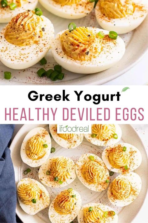 These Healthy Deviled Eggs are made with Greek yogurt instead of mayo. They are well-seasoned, creamy and deliciously tangy. Deviled Eggs No Mayo, Healthy Deviled Eggs Recipe, Greek Yogurt Deviled Eggs, Healthy Deviled Eggs, Classic Deviled Eggs, Healthy Greek Yogurt, Healthy Yogurt, Greek Yogurt Recipes, Boiled Egg Diet