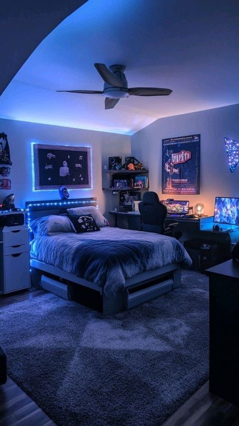 Bedroom Colors Small Room, Room Ideas For Two Brothers, Bedroom Decor Guys, Apartment Room Ideas Cozy, Boy Room Ideas Teenagers Led Lights, Cool Rooms For Teens, Small Teen Boy Bedroom Ideas, Cool Room Decor For Teens, Teen Bedroom Decor For Boys