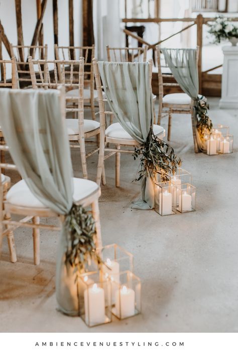 Italian romance like no other with this seductively elegant aisle style! Wedding ceremony styled at Home Farm Barns, Hampshire, UK. #stylemywedding #weddingdecor #italianinspired #elegantwedding #chairdecor Neutral Flowers Wedding Table, Sage Green Bride And Groom Table, Grey And Sage Wedding Theme, Small Wedding Aisle Ideas, Down The Aisle Decorations Outdoor, Potted Plant Ceremony Decor, Moss Green And Taupe Wedding, Neutral Wedding Aisle Decor, Boho Greenery Wedding Centerpieces