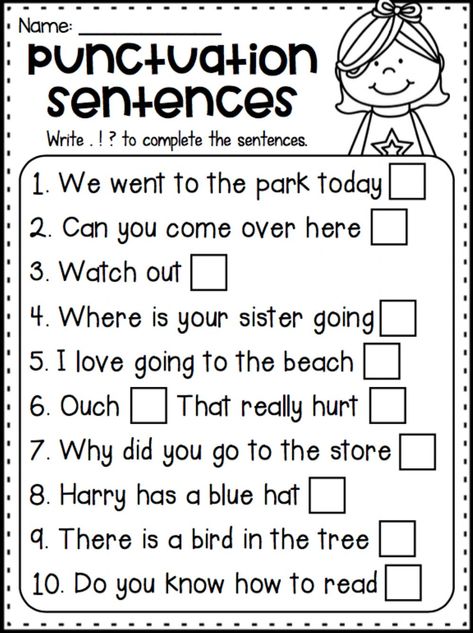 Kindergarten Grammar Worksheets, Teaching Punctuation, Kindergarten Grammar, Punctuation Worksheets, Question Marks, 2nd Grade Writing, 1st Grade Writing, First Grade Worksheets, First Grade Writing