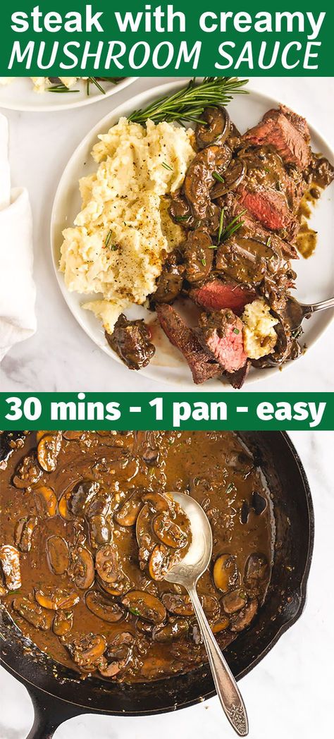 Steak with mushroom sauce is perfect for any date night in.  Juicy steak cooked to perfection served with a creamy mushroom wine sauce. 30 minutes, 1 pan. #steakdinner #easydinner #steakandmushrooms #30minutedinner #1pandinner #easymeal #datenightrecipe #glutenfreerecipe | robustrecipes.com Shitake Mushroom Sauce For Steak, Mushroom Glaze For Steak, Steak In Sauce, Mushroom Sauce For Steak Without Cream, Mushroom Steak Topping, Mushroom Topping For Steak, Steak And Mushroom Sauce, Brown Sauce Recipe For Steak, Steak Toppers