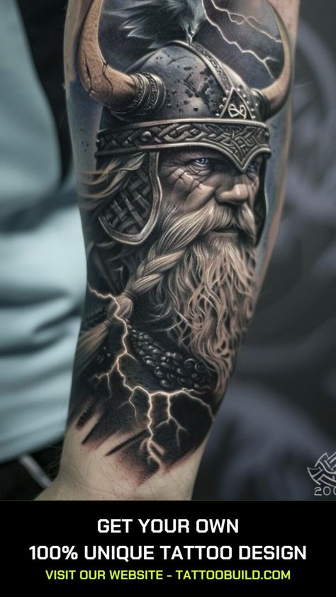 Viking Tattoo Ideas: 30+ Ideas - Tattoo Build Viking Helmet Tattoo Design, Viking Arm Tattoo For Men, Viking Helmet Tattoo, Viking Tattoo Ideas, Viking Ship Tattoo, Odin Tattoo, Thor Tattoo, Viking Knotwork, Black Dragon Tattoo