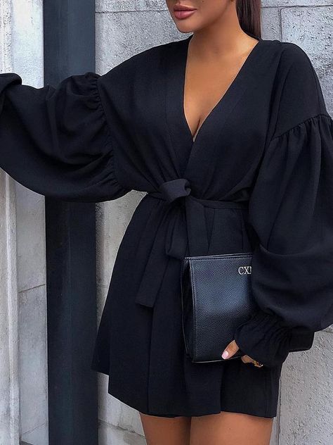 Solid Long Lantern Sleeve Belted Wrap Dress (S/M/L/XL) $35.99 Gala Outfits, Belted Wrap Dress, Mini Dress Fashion, Perfect Prom Dress, Classy Dress Outfits, Ladies Clothing, Wardrobe Inspiration, Cocktail Parties, Looks Chic