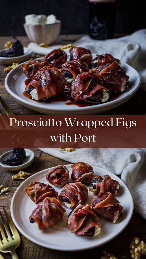 Prosciutto Wrapped Figs are easy to make without sacrificing flavour and can be made ahead of time for your holiday gatherings. Dried figs are poached in Port wine giving them a sweet flavour that pairs well with tangy goat cheese stuffed inside and salty prosciutto wrapped around the figs. Serve with a drizzle of reduced Port wine for a perfectly sweet and salty appetizer. Prosciutto Wrapped Figs With Goat Cheese, Make Ahead Canapes, Prosciutto Wrapped Figs, Fig And Goat Cheese Appetizer, Luxury Appetizers, Figs And Goat Cheese, Figs With Goat Cheese, Prosciutto Appetizer, Fig Appetizer