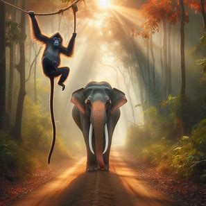 A realistic image of a elephant + hanging monkey with a bushy tail and black ears, walking on a dirt path through a forest with tall trees and colorful leaves, with rays of sunlight and mist creating a magical atmosphere, morning wildlife photography - Image Creator from Microsoft Designer Monkey Walking, Monkey Hanging, Hanging Monkey, Tall Trees, Colorful Leaves, Create Image, Image Photography, Wildlife Photography, Bing Images