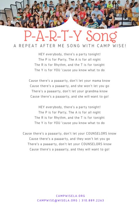 "P-A-R-T-Y Song" Camp Cheer! Camp Songs Repeat After Me, Girl Scout Camp Songs, Repeat After Me Songs, Girl Scout Songs, Lds Girls Camp, Cub Scout Activities, Camping With Teens, Campfire Songs, Camp Songs