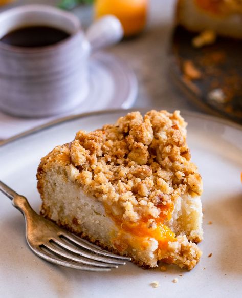 Egg-free Almond Apricot Crumb Cake is a unique twist to the classic coffee cake by adding fruit to it. It is loaded with buttery crunchy crumb topping. Try it soon! #coffeecake #crumbcake #egglesscake Apricot Crumble Cake, Apricot Coffee Cake, Apricot Crumble, Eggless Orange Cake, Crumble Cake Recipe, Classic Coffee Cake, Vegan Apple Cake, Apricot Recipes, Crumble Cake