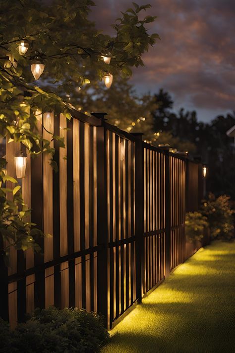 Backyard fence decorated with string lights and lanterns, creating a warm and welcoming atmosphere for outdoor evenings. Outdoor Solar Lighting Ideas Backyards, Outdoor Fence Lighting Ideas, Fence Lighting Ideas Backyards, Lights On Fence Outdoor, Outdoor Fence Lighting, Fence Lighting Ideas, Landscape Lighting Ideas, Yard Lighting, Backyard Lighting Ideas