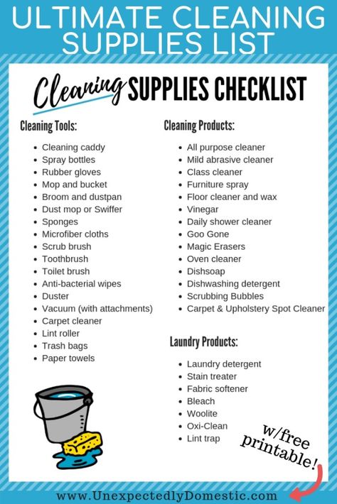 Use this cleaning supplies list printable to stock your home with the best cleaning products and tools for your kitchen, bathroom, and more! Vinegar Shower Cleaner, Cleaning Supplies Checklist, Ultimate Cleaning Checklist, Spot Cleaning Carpet, Cleaning Caddy, Cleaning Supplies List, Clean Your House, Cleaning Painted Walls, Deep Cleaning Tips