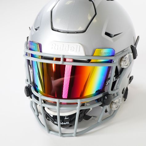 Assortment of Colors to Pair with Any Uniform Combo Football Visors have quickly become one of the most stunning displays of style and intimidation. Sleefs impact and scratch-resistant visors allow you to storm the field with an extreme level of confidence. There are over 50 colors/styles meant to pair with any uniform and give you an all-pro look. Sleefs visors also provide durability and can be used repeatedly throughout a season. Most importantly, the material stays compact, allowing maximum Viper Glasses, Custom Football Cleats, Football Visor, Cool Football Helmets, Football Room, Football Shoulder Pads, Football Rooms, Football Drip, Nfl Football Pictures