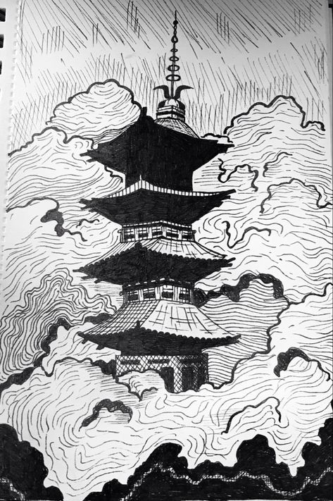 Chinese Town Drawing, Japanese Background Drawing, Japanese Streets Drawing, Japan Building Drawing, Chinese Building Drawing, Chinese Temple Drawing, Japanese Pagoda Drawing, Pagoda Sketch, Japanese Temple Drawing