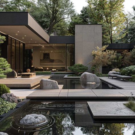 Luxury Modern House Design, Houses That Blend In With Nature, Zen House Exterior, Zen House Design Exterior, Japanese Home Design Modern Exterior, Japanses Houses Modern, Zen Architecture Exterior, Beautiful Houses Exterior, Luxury Landscaping