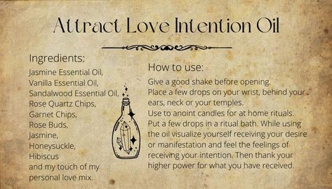 This is an infused spell oil to attract ones next lover, soulmate or enhance a current love by combing the power of oils, herbs, crystals and flowers together.
How to use:
Give a good shake before opening.
Place a few drops on your wrist, behind your ears, neck or your temples.
Use to anoint candles for at home rituals.
Put a few drops in a ritual bath. Home Rituals, Crystals And Flowers, Magick Oil, Candle Magic Spells, Mint Essential Oil, Attraction Spell, Jasmine Essential Oil, Clary Sage Essential Oil, Essential Oils Guide