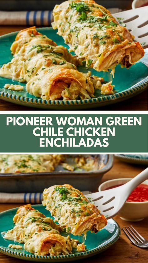 This easy and delicious Pioneer Woman Green Chile Chicken Enchiladas recipe is perfect for a quick and hearty meal. With creamy cheese, tender chicken, and a bit of spice, you can make it using simple ingredients you probably already have at home. It’s a comforting dish that’s perfect for any family dinner! Pioneer Woman Mexican Recipes, Pioneer Woman Green Chili Chicken, Chicken Enchiladas Pioneer Woman, Green Chile Chicken Pasta, Pioneer Woman Chicken Enchiladas, Mexican Chicken Recipes For Dinner, Pioneer Woman Recipes Easy, Pioneer Woman Recipes Dinner Main Courses, Pioneer Woman Enchiladas