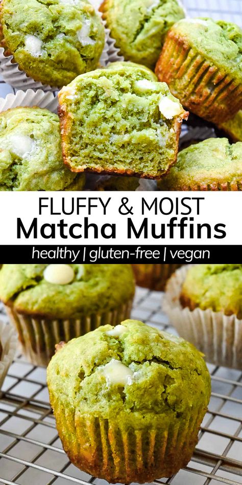 These matcha muffins take all of your favorite green tea flavors and marry them up in a deliciously easy and healthy muffin recipe! It doesn't have to be St. Patrick's Day to enjoy this naturally green food! Perfect easy breakfast that is gluten-free, vegan, less than 200 calories per muffin, and baked in only 30 minutes! Green Tea White Chocolate Muffins, Gluten Free Matcha Muffins, Healthy Matcha Muffins, Banana Matcha Muffins, Matcha Muffins Recipes, Matcha Breakfast Recipes, Matcha Baking Recipes, Breakfast Greens, Gluten Free Protein Muffins