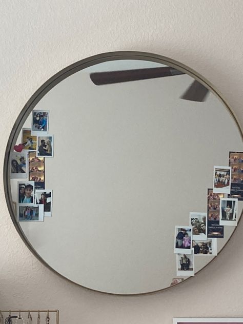 Circle Mirror Bedroom Aesthetic, Mirror With Pictures On It, Pictures On Mirror Ideas, Circle Mirror With Pictures Around It, Mirror With Photos Around It, Circular Mirror Bedroom, Mirror With Pictures Around It, Pictures On Mirror, Mirror With Pictures