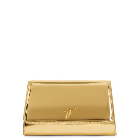 Clutch bag crafted from mirror-effect golden synthetic fabric, featuring the iconic golden metal 'Signature' hardware and chain shoulder strap, a magnetic closure on the front and leather and fabric inner lining with card slot and zipper pocket. Golden Purse, Golden Clutch, Golden Bag, Gold Clutch Purse, Gold Clutch Bag, Reflective Fabric, Gold Purse, White Birthday, Gold Clutch