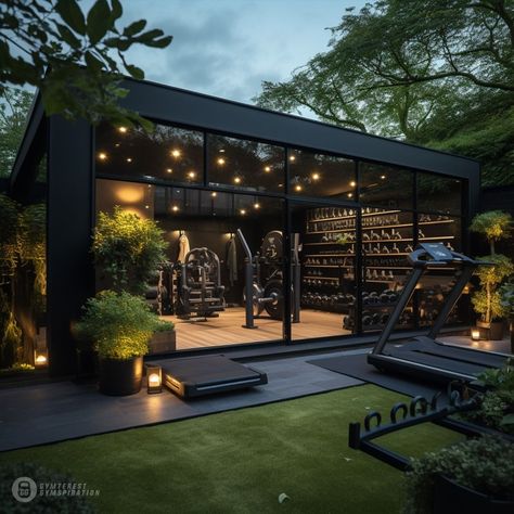 Home Gyms In Shed, Dream Workout Room, Detached Garage Gym Ideas, Outdoor Home Gym Ideas, Large Home Gym Ideas, Home Spa And Gym, Gym Addition To House, Gym Garden Room, Gym In House Ideas